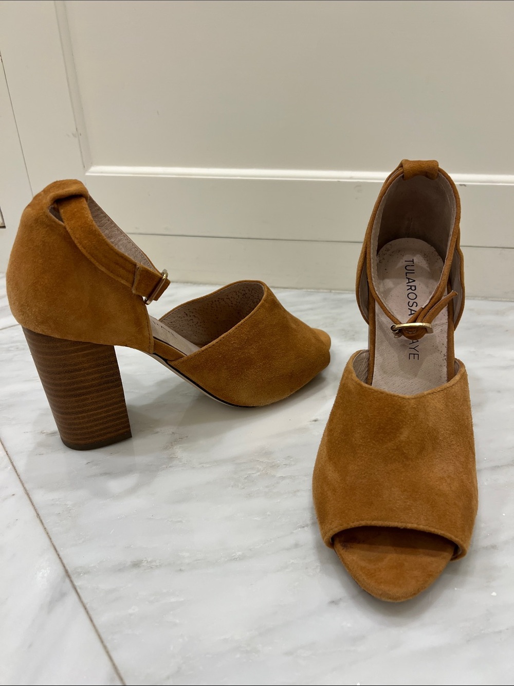 Tularosa Cognac Suede Peep-Toe Block Heels